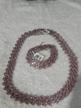 Sparkling Pink Cuban Link Necklace and Bracelet Set Invicta